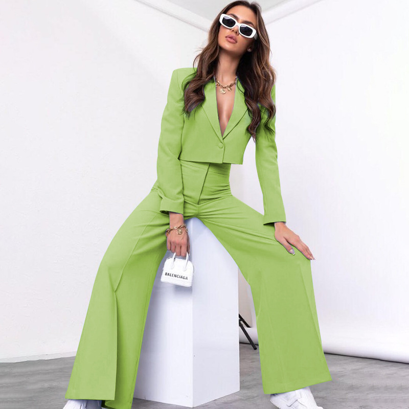 Autumn Winter Solid Color Short Long Sleeve Small Suit High Waist Wide Leg Pants Suit