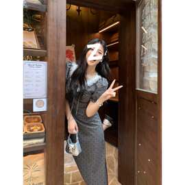 大码法式波点花边V领连衣裙女夏季胖mm盐系少女收腰显瘦灰色长裙