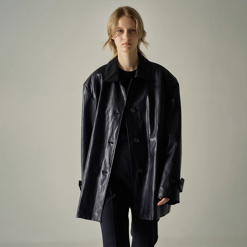 FACADE PATTERN leather coat for women Spring new minimalist elegant high-grade lapel jacket coat for women