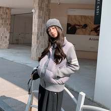 棉衣女短款针织拼接轻薄棉服2025秋冬新时尚撞色条纹立领休闲棉服