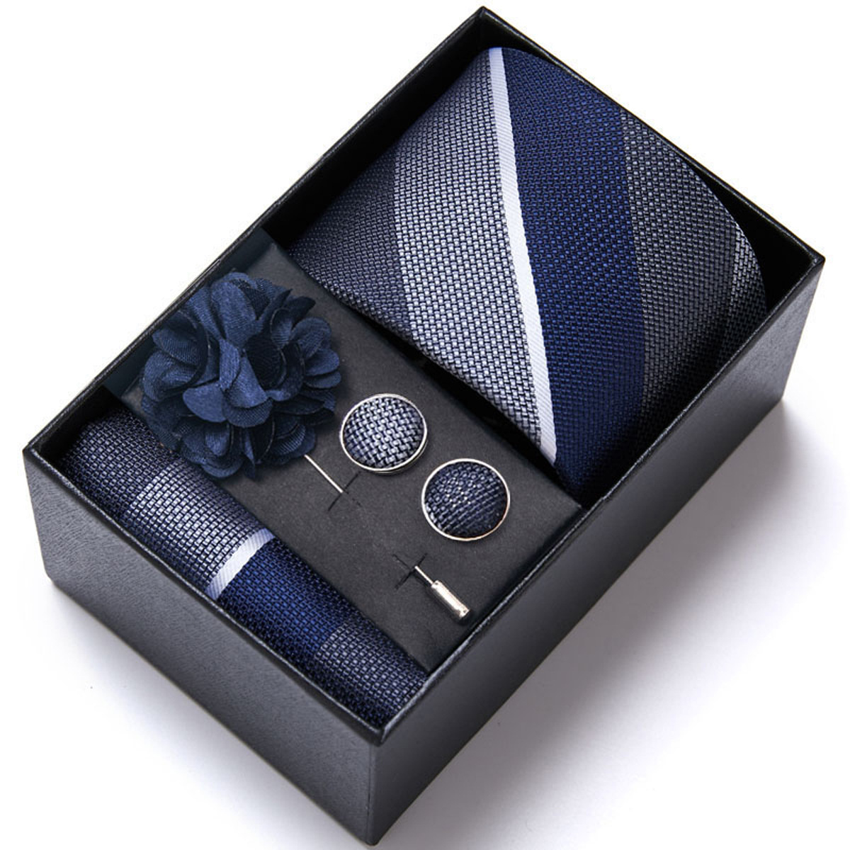 男性の新しい青いストライプのプリントネクタイのスカーフのカフスの胸の花のギフトボックスの包装の贈り物の佳品は祝日に適します。