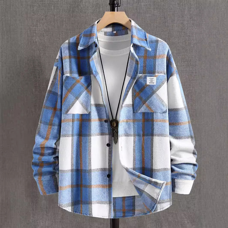 2024 Men's Autumn and Winter New Plaid Jacket Shirt Double Pocket Jacket Casual Jacket Flannel Plaid