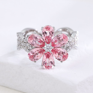 18K White Gold Ring Paparacha Pink Gemstone Ring Versatile Luxury Flower-Shaped Gemstone Ring Women's Jewelry Customization