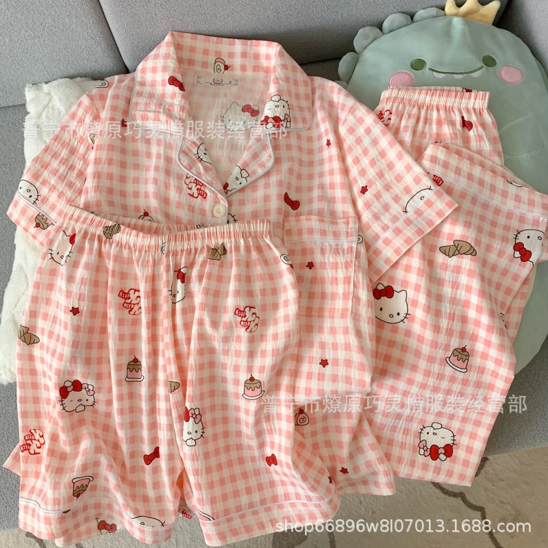 Hermosos pijamas de tela de rabu mujeres primavera y otoño verano nubes de algodón dulce mangas cortas pantalones cortos de tres piezas ropa para el hogar