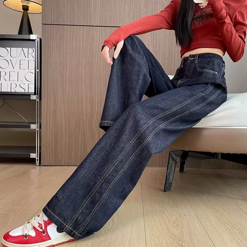 丹宁深蓝色加薄绒阔腿牛仔裤女秋冬高腰显瘦宽松休闲直筒拖地裤子