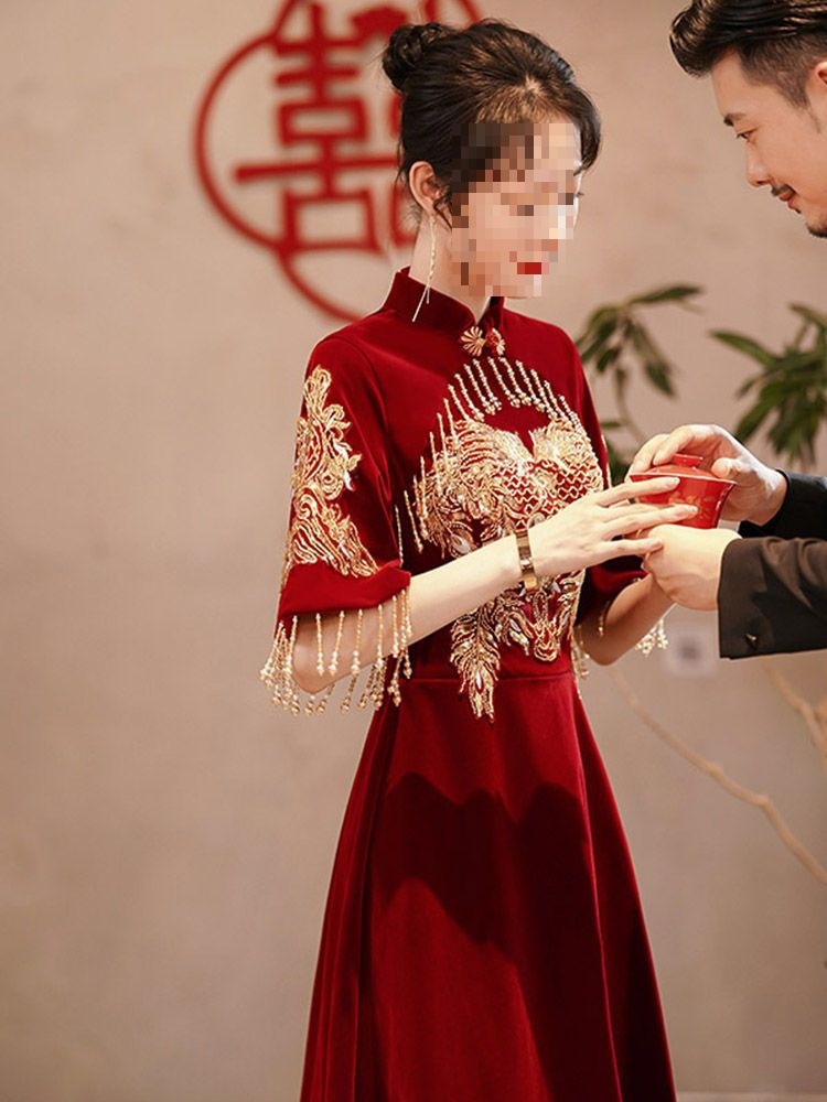 Cheongsam Bride Wedding Burgundy Toast Dress New Velvet Chinese Thank You Banquet Dress for Women Autumn