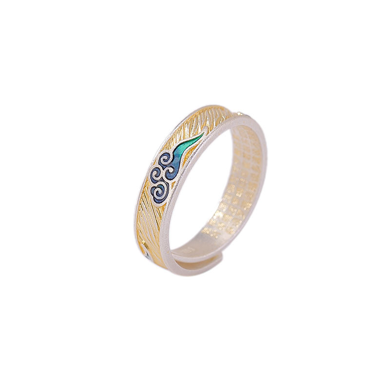 Nhẫn bạc S999.9 chạm khắc hoa sen tráng men phong cách quốc gia — 999,9 bạc nguyên chất