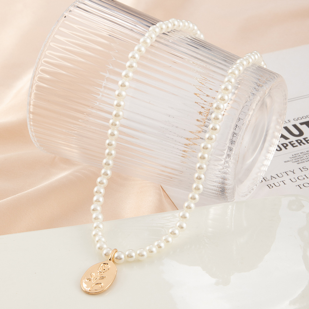 fashion pearl alloy rose flower pendant necklace