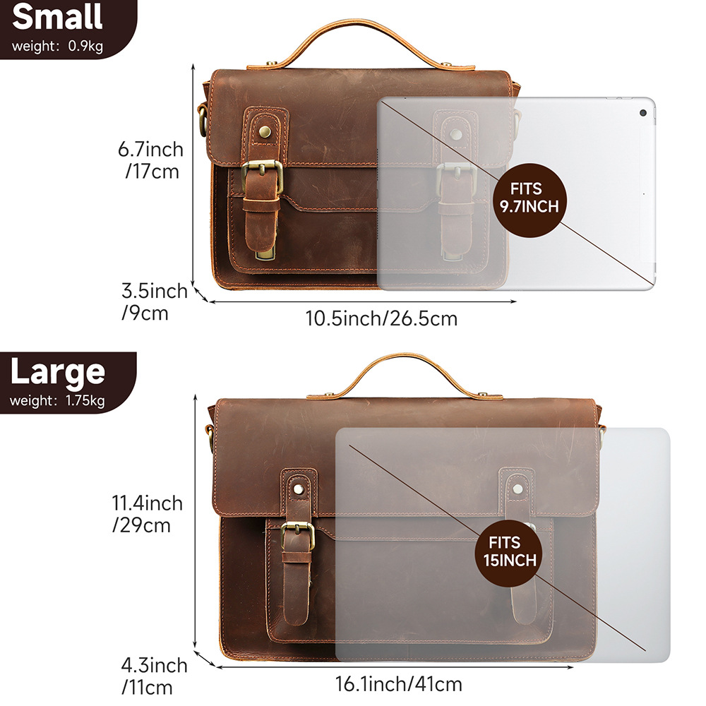 Túi da thật satchel nam phong cách retro, đựng tài liệu dung tích lớn, vừa laptop 15 inch — Cà phê (cỡ nhỏ)