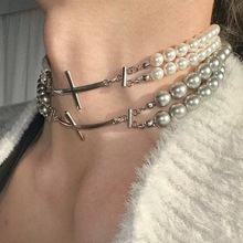 原创设计 时尚轻奢搞经济「无序的」银珍珠十字钛钢珍珠项链choke