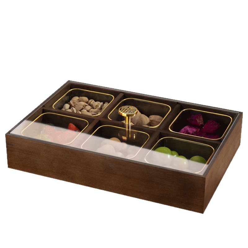Nueva caja de frutas secas de madera china, caja de almacenamiento de bocadillos de nueces, bandeja de frutas dividida, bandeja de dulces doméstica de nueva casa