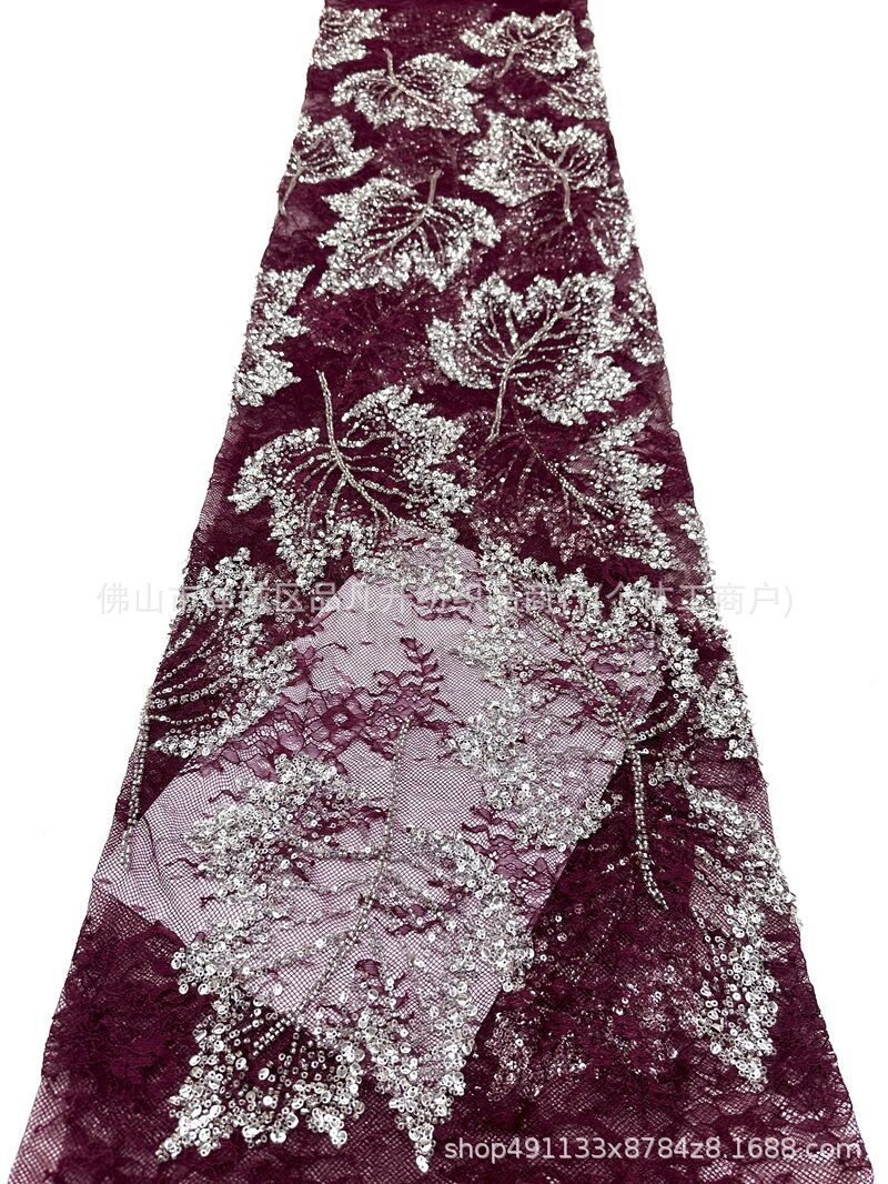 Nuevo encaje de hoja de arce hecho a mano tela de cuentas de clavado sequilla cola de pescado vestido de brindis cena anual vestido de tela en stock
