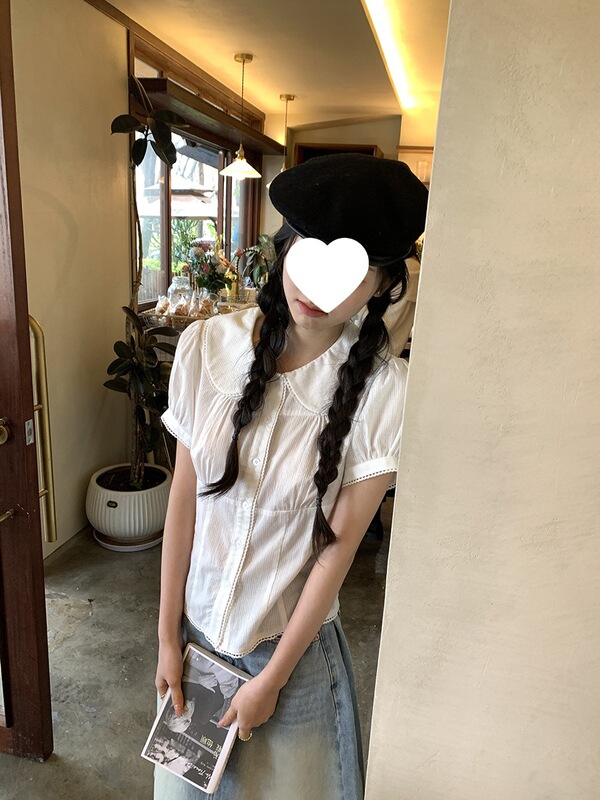 馨帮帮  自制学院风甜美娃娃领收腰系带短袖衬衫女设计感辣妹上衣|undefined