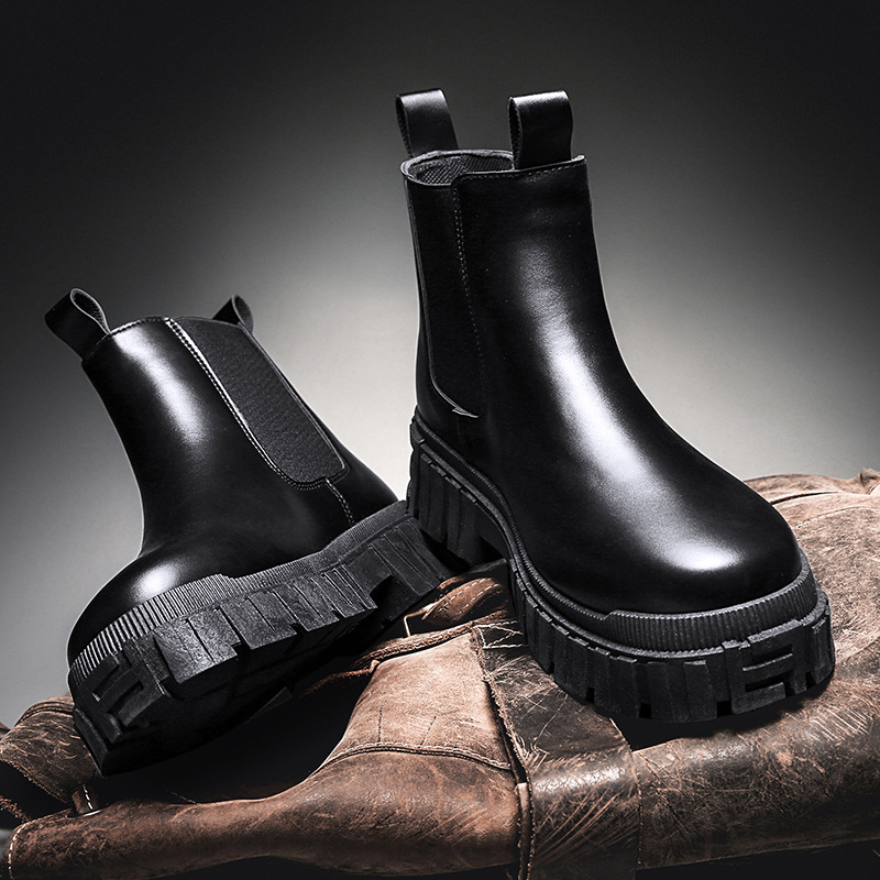 Chelsea Martin boots men's breathable season high-top leather shoes thick sole hidden height mid-calf boots Knight leather boots casual fashion shoes