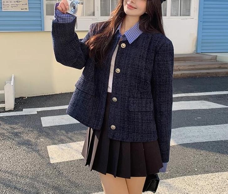 2025春新款高端设计感格纹拼接小香风外套女休闲百搭洋气设计上衣|undefined