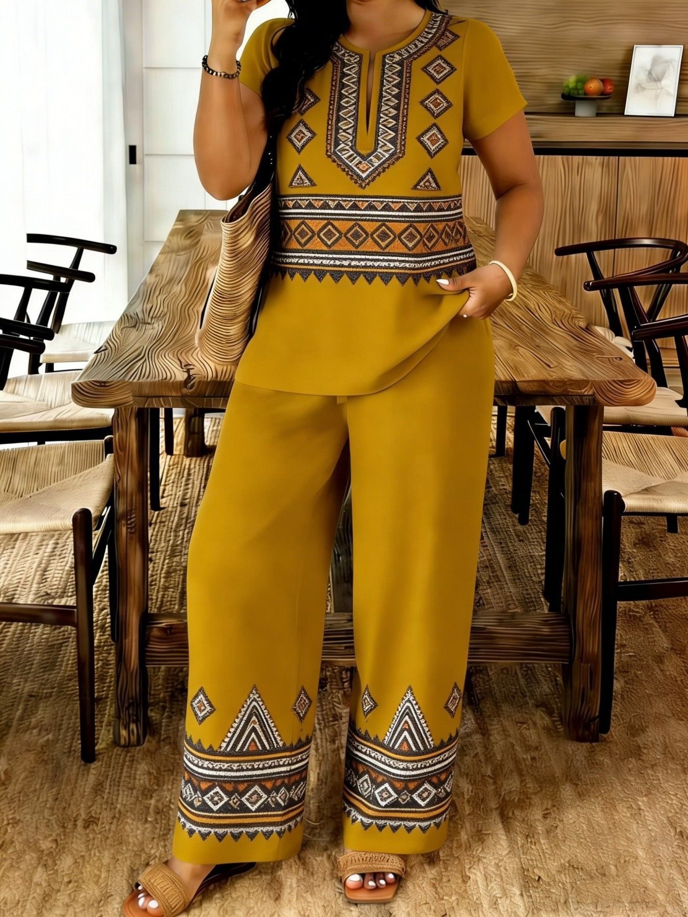 Completo estivo donna top con scollo a v e pantaloni casual_voghion.com