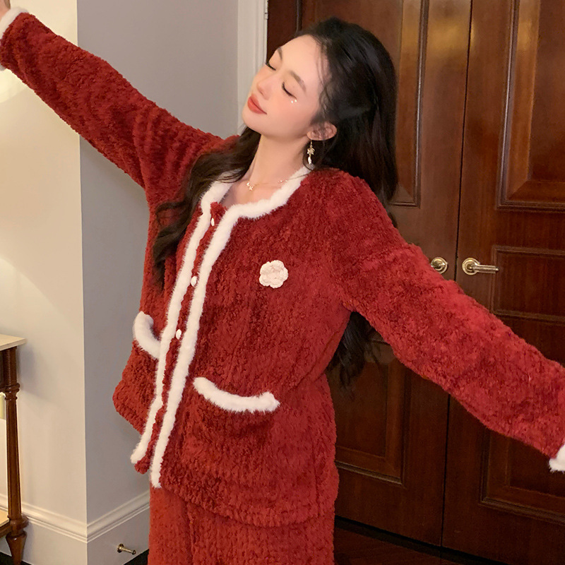 法式睡衣女冬新款甜美风厚绒套装舒适保暖家居服可外穿睡衣|undefined
