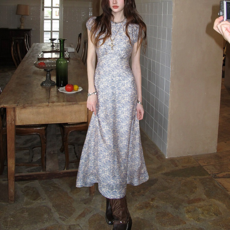 LULUSWINGS Original Misty Blue Floral Dress Vintage Floral Tencel Linen Puff Sleeve Waist-Cinching Long Dress for Women