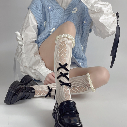Pure lust style sweet lace hollow fishnet stockings velvet bow socks women's calf socks JK pile socks