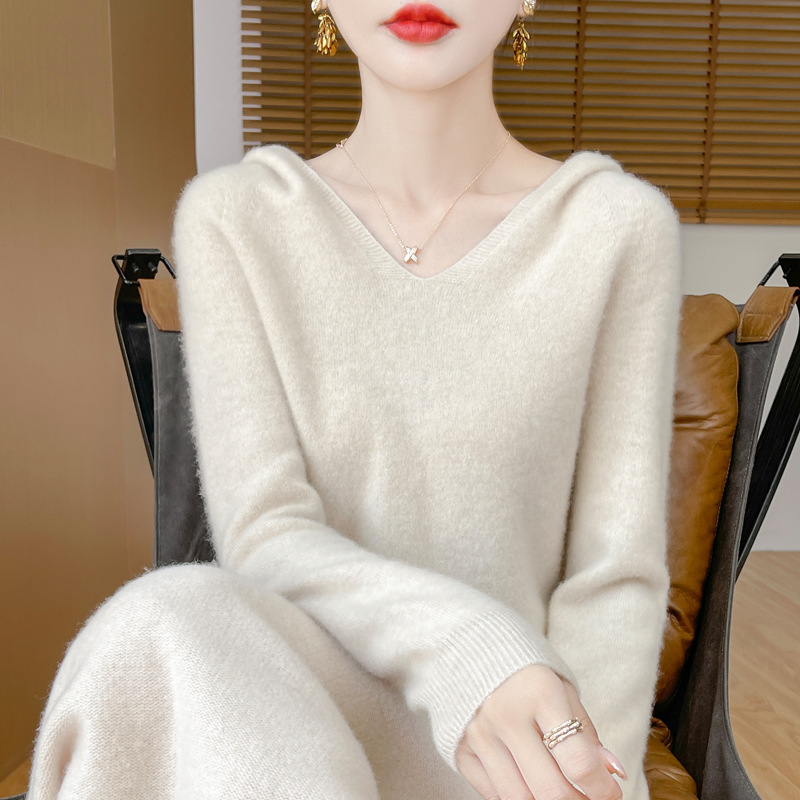 100% Wool Base Layer Women's V-Neck Hooded Knit Sweater Autumn and Winter Knit Inner Layer Loose Sweater Women's Top Women's Clothing