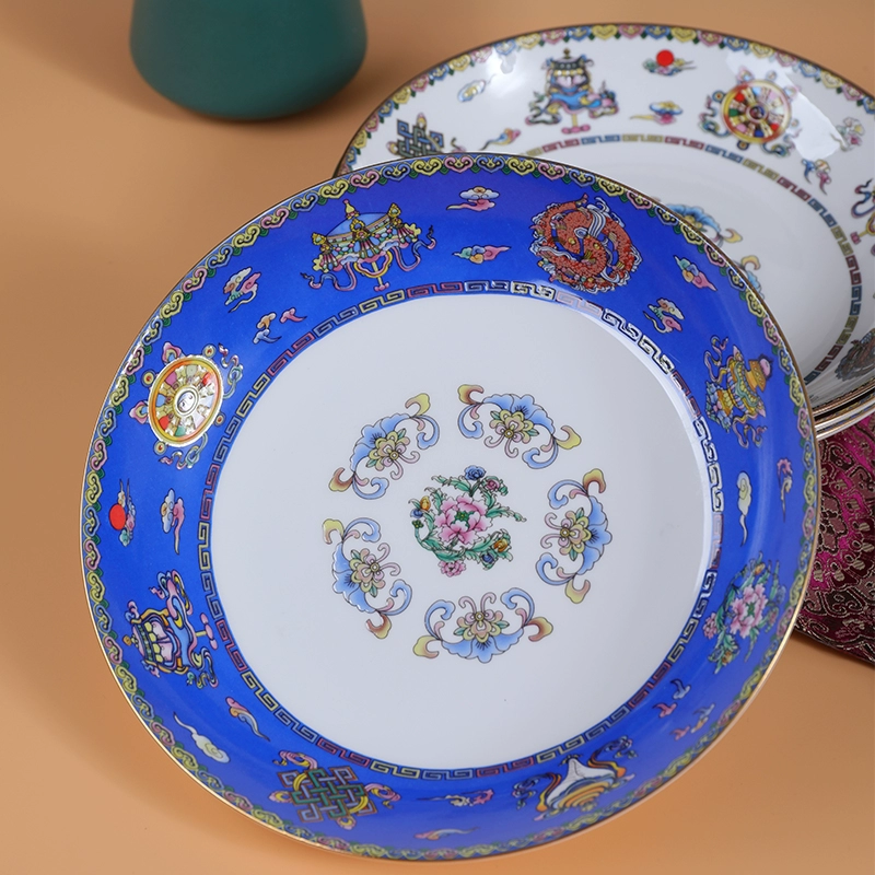 Монгольская керамическая тарелка с рельефным узором в этническом стиле, восьмикамерная, для холодных блюд и жарки, тарелка для монгольского ресторана.