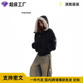 美式复古街头风豹纹毛领夹棉棉衣外套男女冬季新款加绒百搭棉服潮