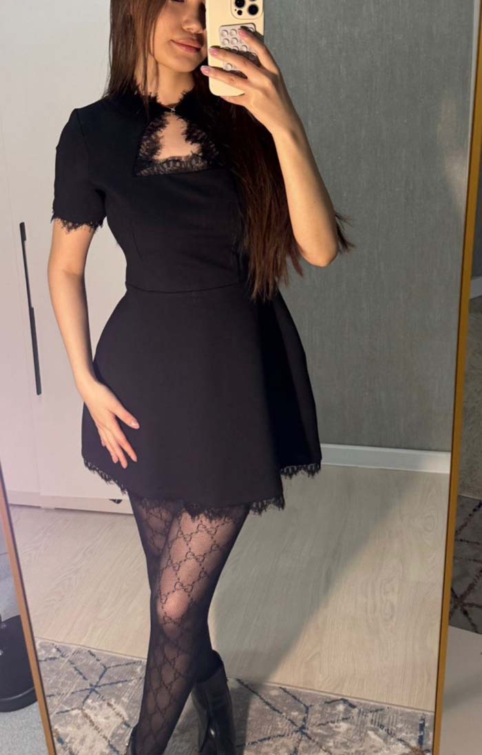 Women's Elegant Lace Panel Hollow Out Short Sleeve Belted A-Line Mini Dress – Casual Summer Black Gown_ecoleips.com