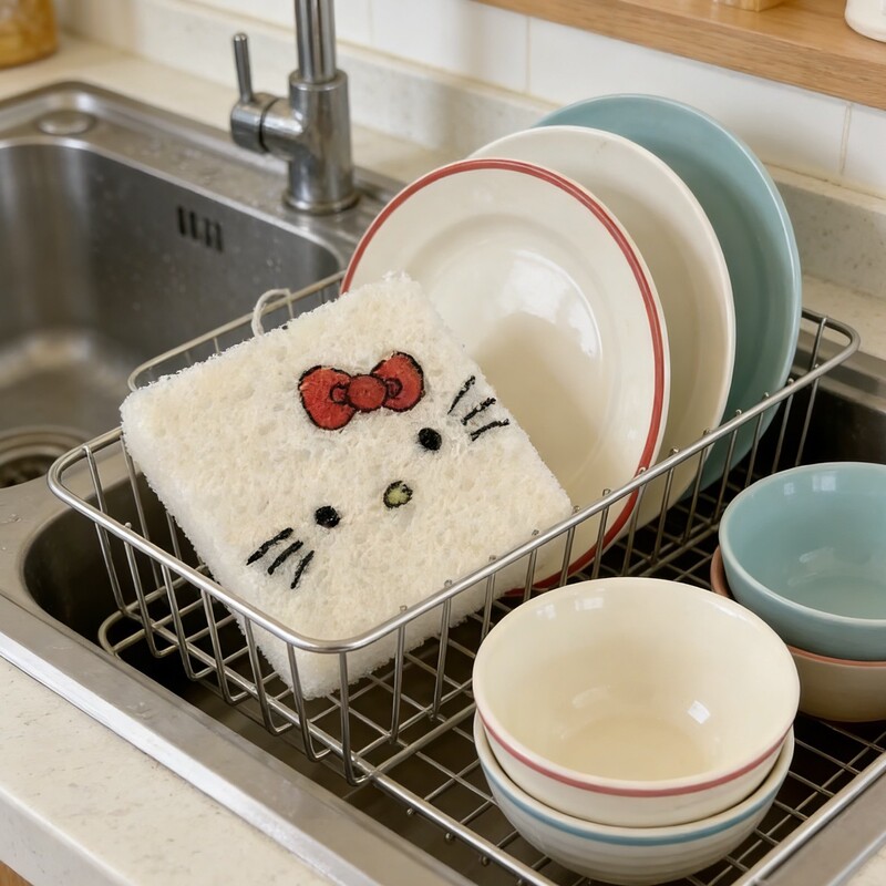 Runchu Sponge, Popular on Xiaohongshu, Same Model as Jiang Yan, Kt Cat Square Wood Pulp Sponge for Kitchen Cleaning and Dishwashing