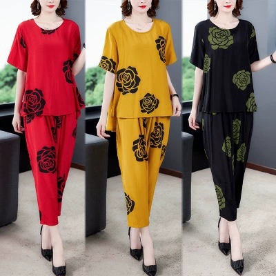 Женский летний новый модный костюм 2025 года для внешней торговли, повседневные шаровары больших размеров, утягивающий комплект из двух предметов.