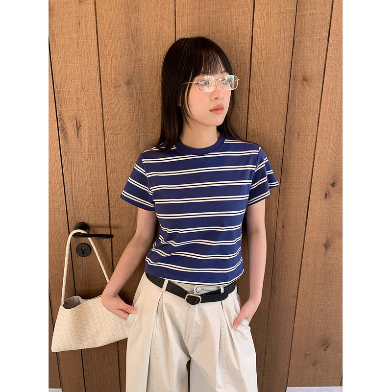 Yuyi Simple Contrasting Color Striped Short-Sleeved T-Shirt for Women Summer Korean Style Slim Fit Short Top Cm260130 Yuyi Simple Contrasting Color Striped Short-Sleeved T-Shirt for Women Summer Korean Style Slim Fit Short Top Cm260130