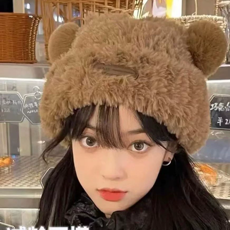 Новая зимняя женская шапка с медвежьими ушками, милая теплая шапка, маленькие универсальные утолщенные наушники, вязаные плюшевые наушники в Корейском стиле
