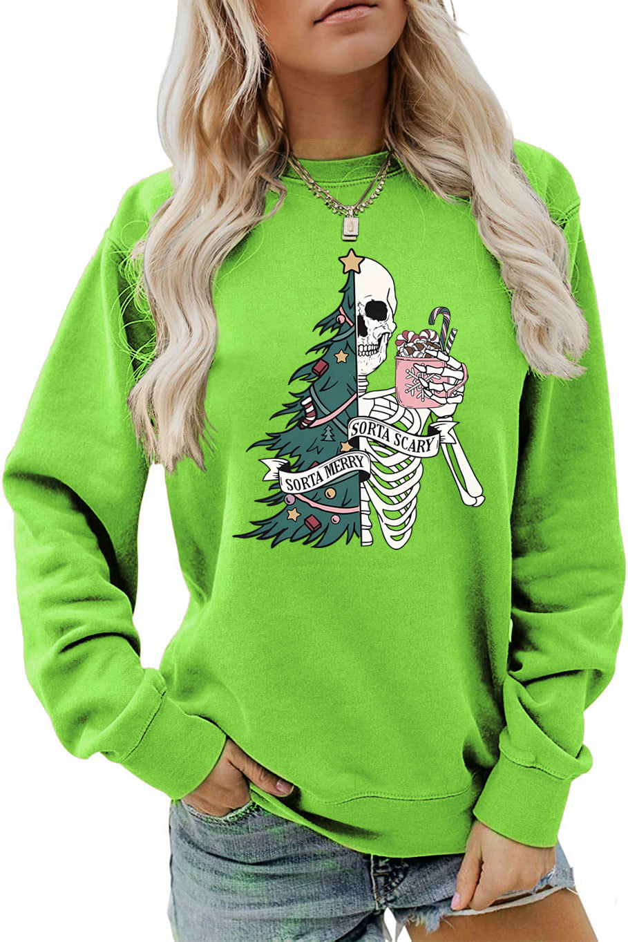 Women's Hoodies Long Sleeve Printing Christmas Christmas Tree Skeleton display picture 18