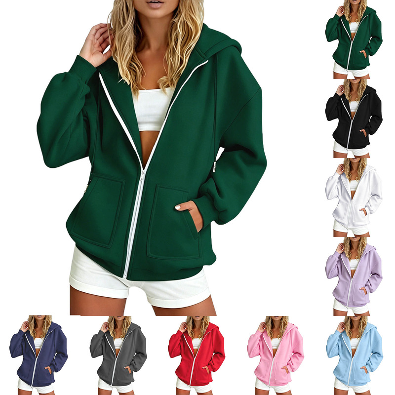 New Best-Selling Cross-Border Amazon Fleece-Lined Cardigan Loose Casual Pocket Hoodie Women's Sweatshirt European Size
