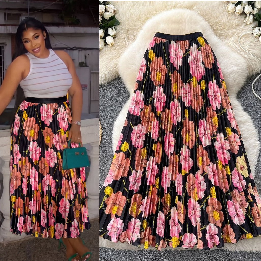 Women's Retro Print Pleated Skirt High Waist A-Line Midi Fashion Skirt for Commuting Summer Long Skirt European And American Style_ecoleips.com