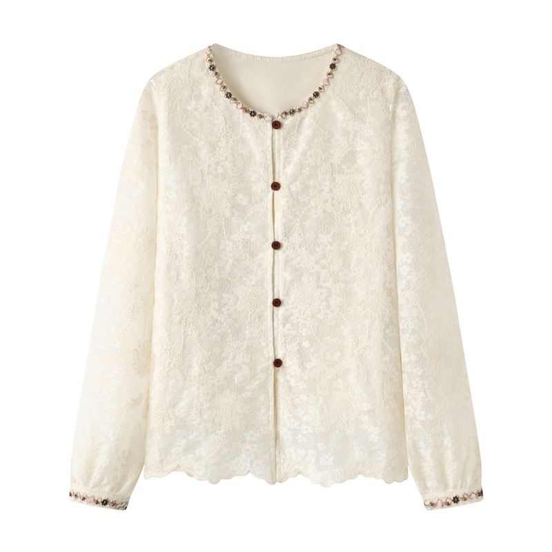 French Heavy Embroider Lace Beaded Shirt for Women 2025 New Autumn Style Lace Shirt Top C85A434