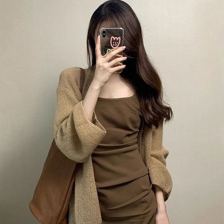 秋季气质女神范感超好看美拉德针织开衫背带连衣裙子两件套装