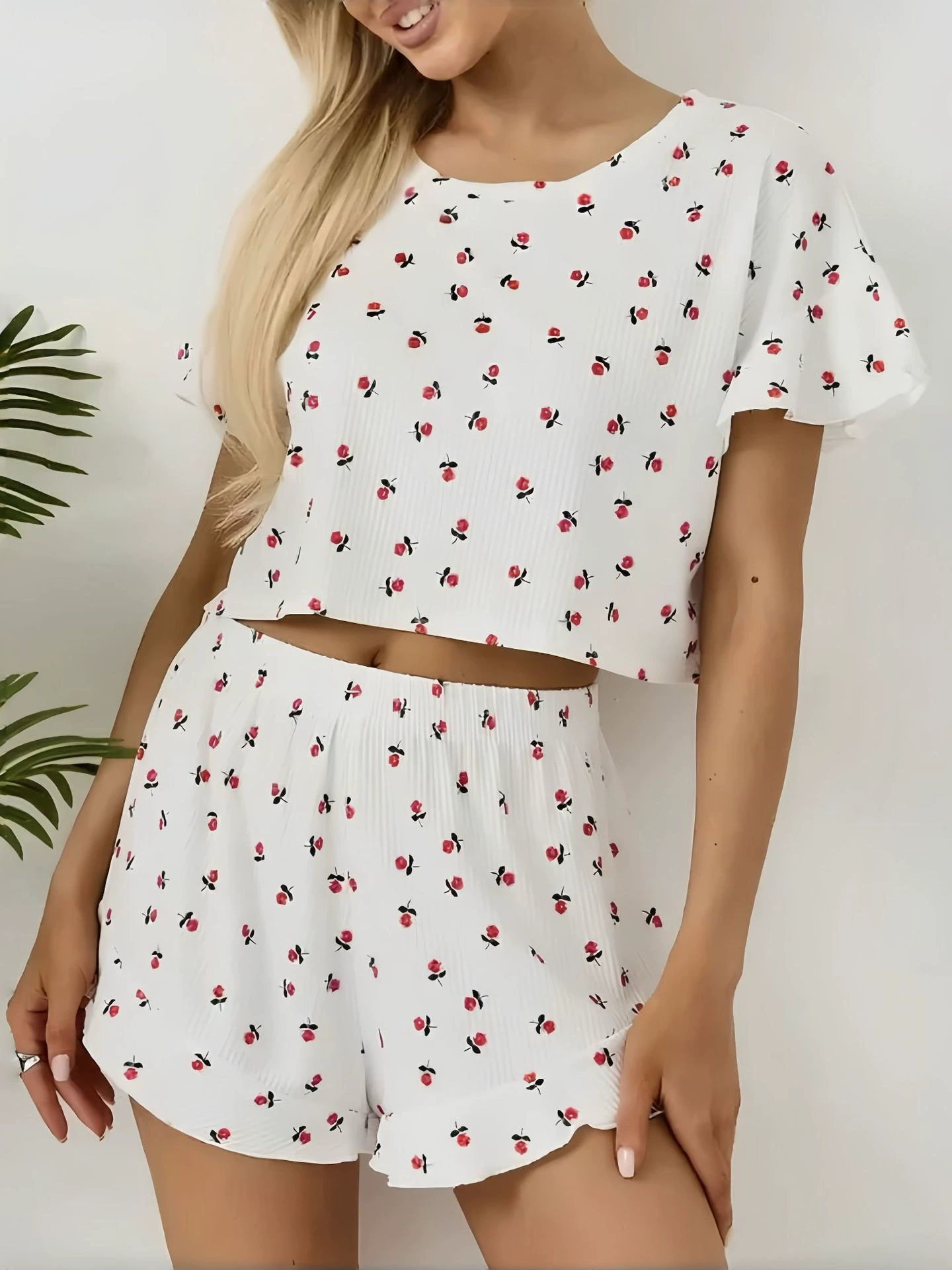 Spring set, shorts, trousers, pijama, European style, (Cross-border trading), floral print, round collar, with short sleeve
