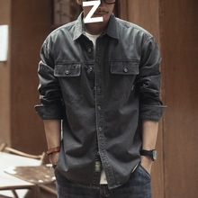 美式复古工装男士长袖衬衣外套潮牌夹克秋季款宽松猎装牛仔衬衫男
