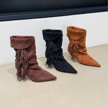2025冬新款尖头绒面细高跟流苏瘦瘦靴百搭性感马丁靴女