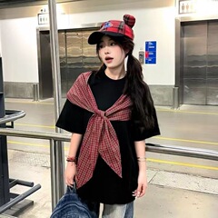 蝶ネクタイは韓国版ファッション上着の甘い純綿INSゆるいアメリカ夏超火tシャツ学院半袖を持っている