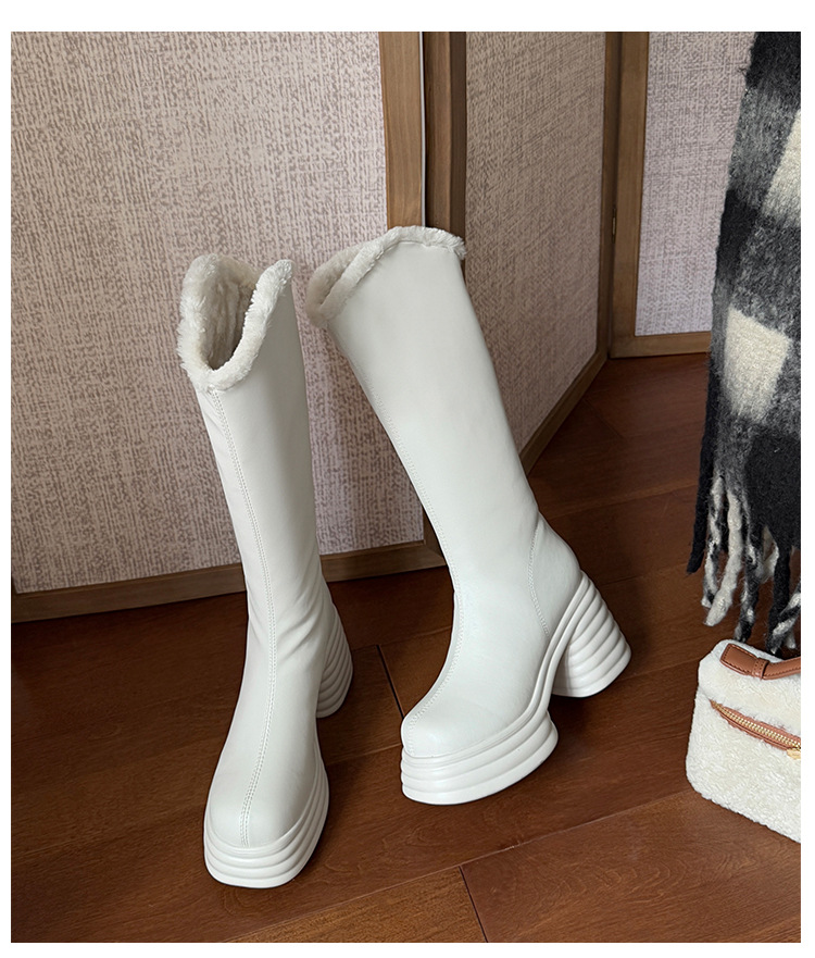 Boot nữ cổ cao gót 10 cm đế dày phong cách hiệp sĩ, miệng chữ V, lót len mùa đông — màu đen, màu hồng, Màu trắng nhạt chi tiết 30