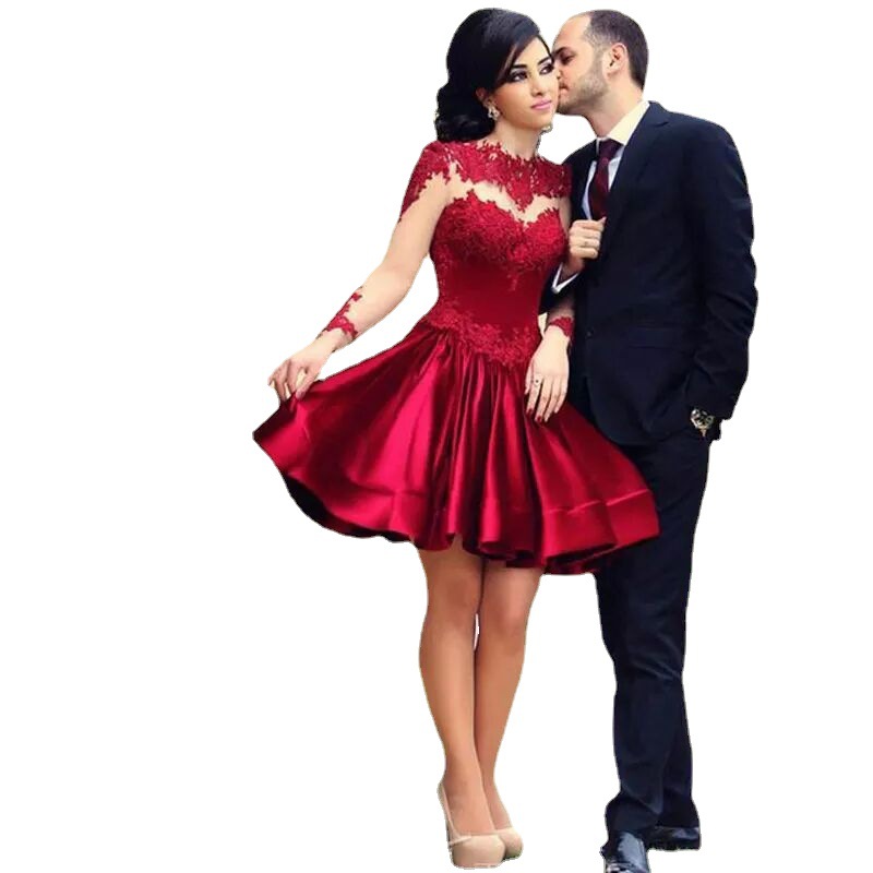 El Comercio exterior europeo y americano Amazon AliExpress deseo vino rojo cuello redondo encaje corto vestido de noche vestido de novia
