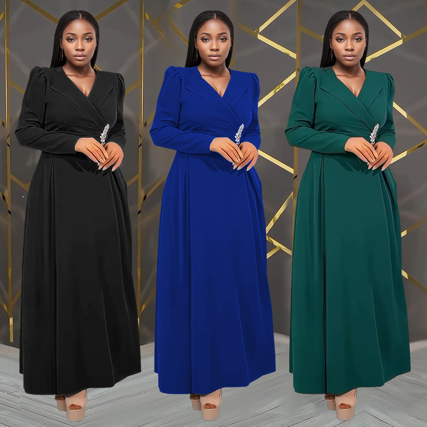 C7411 Cross-border AliExpress Amazon Moda europea y americana Vestido de manga larga con solapa cruzada