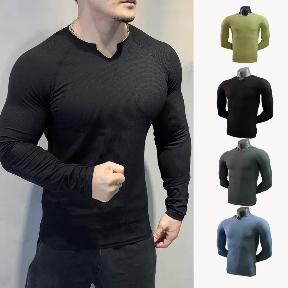 男士秋冬季新款V领健身长袖运动T恤高弹透气保暖跑步长袖纯色潮流