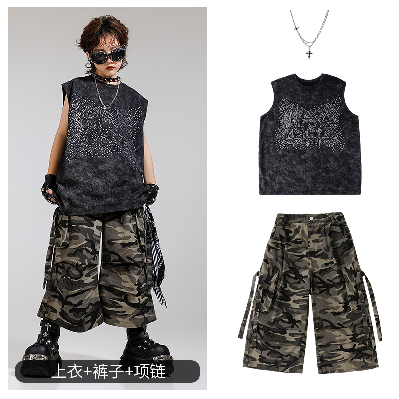 Disfraz de niño de baile callejero para niños, traje de chaleco sin mangas de diamantes calientes para niños guapos