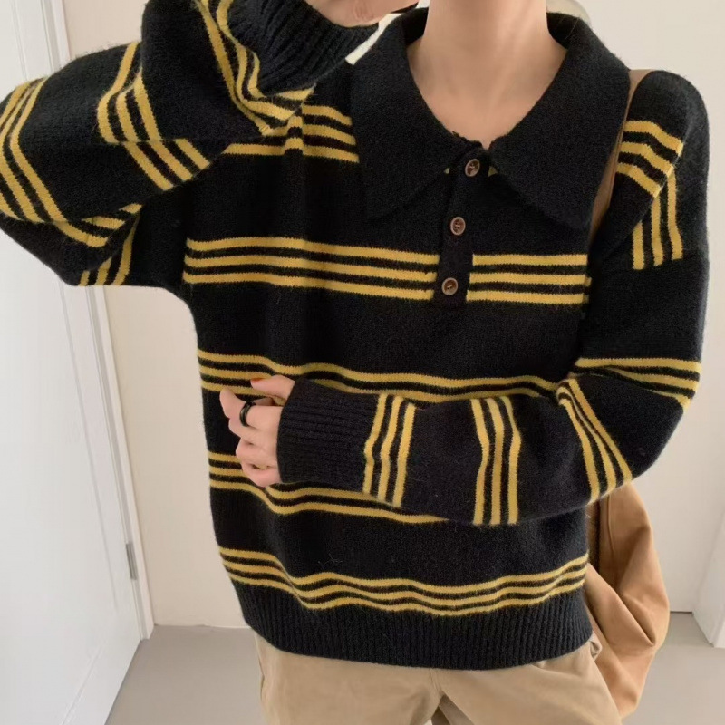 Corea del Sur 2025 otoño nuevo polo cuello de manga larga camiseta de punto de lana suéter retro mujer