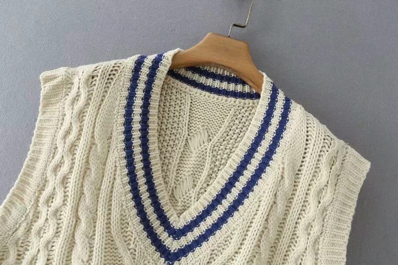Striped contrast color V-neck twist loose vest NSAC20140