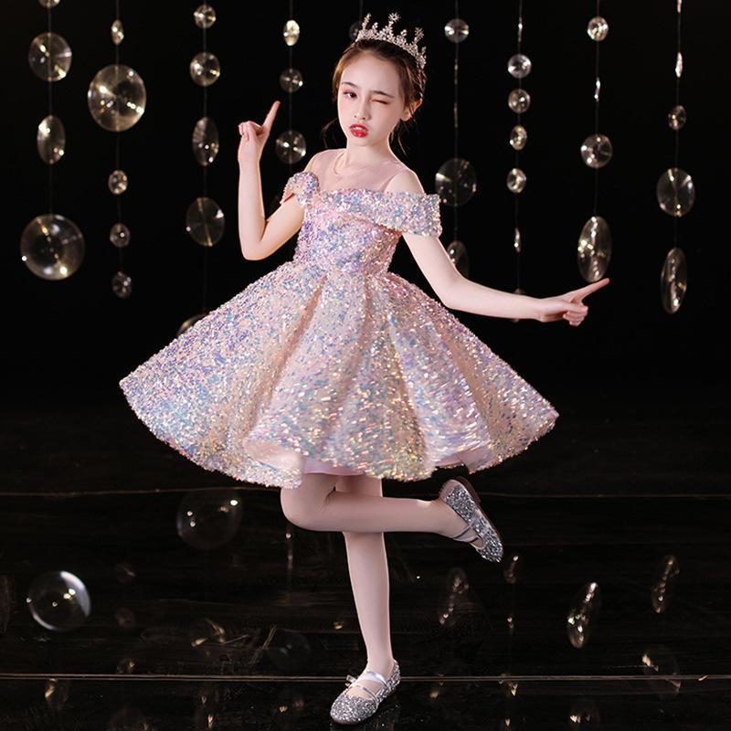 Sparkling Princess Dress For Girls - Glitter Short Sleeveless Party Gown For Birthday, Pageant, Special Occasions (Pink Gold)_voghion.com