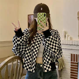 短款外套女学院风复古棋盘格学生秋季2022新款小众棒球服宽松上衣