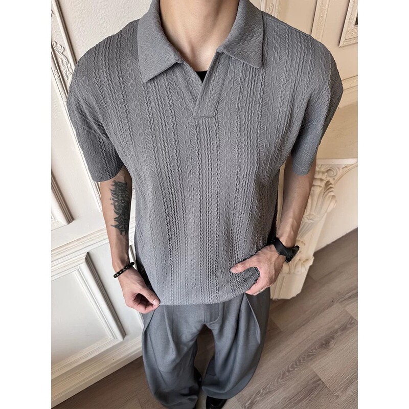 Wheat Ear Pattern Lapel V-Neck Cleanfit Summer Casual Old Money Style Breathable Loose Polo Short-Sleeve Shirt for Men